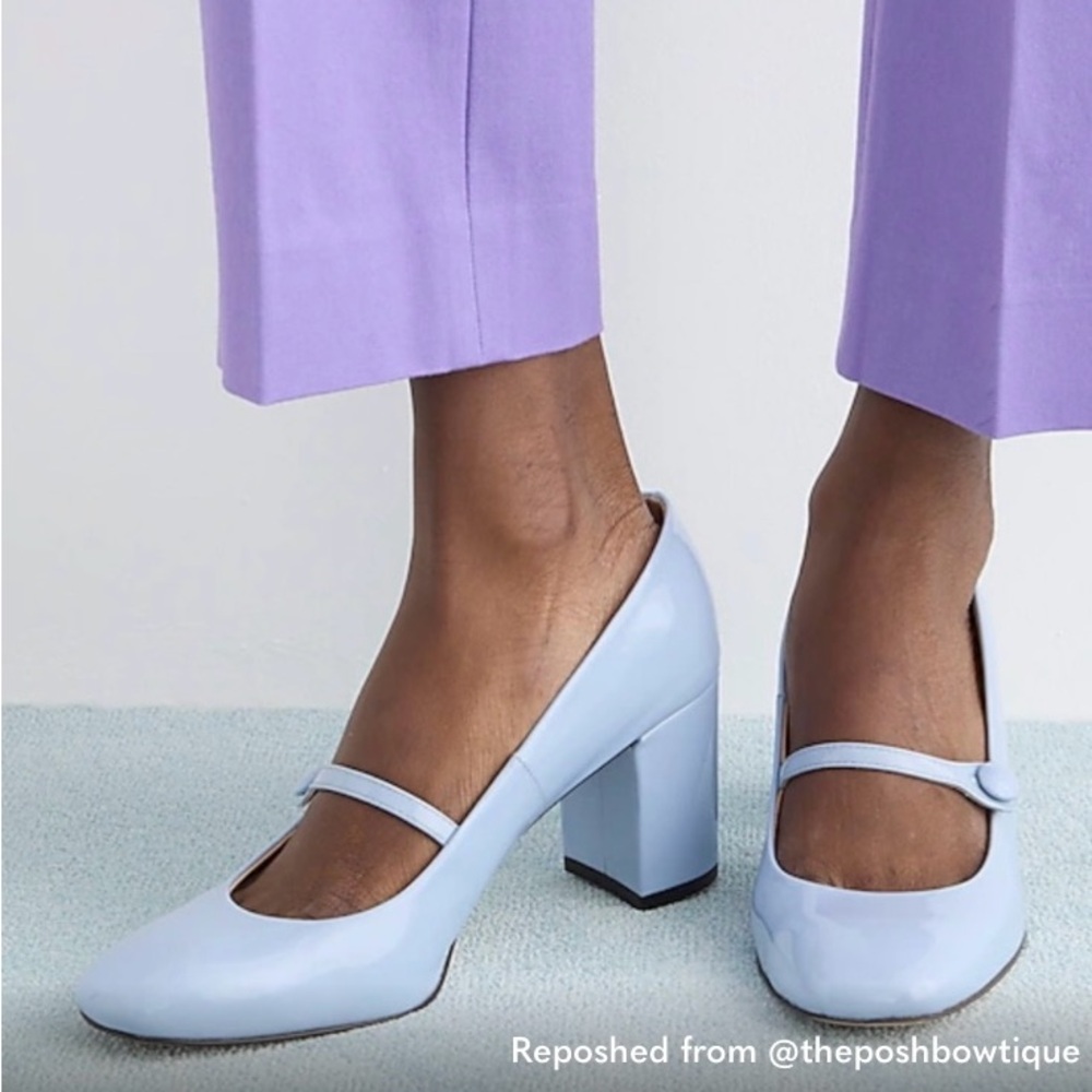 EUC J. Crew Icy Blue Maisie Patent Italian Leather Mary Jane Heeled pump sz 8.5